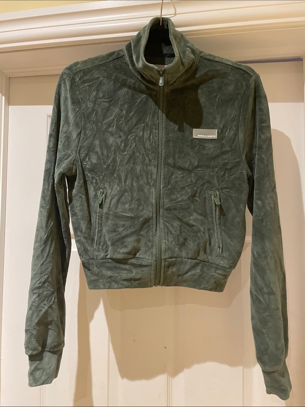 Joshua Perets Green Crushed Velour Track Jacket XS Y2K Preppy